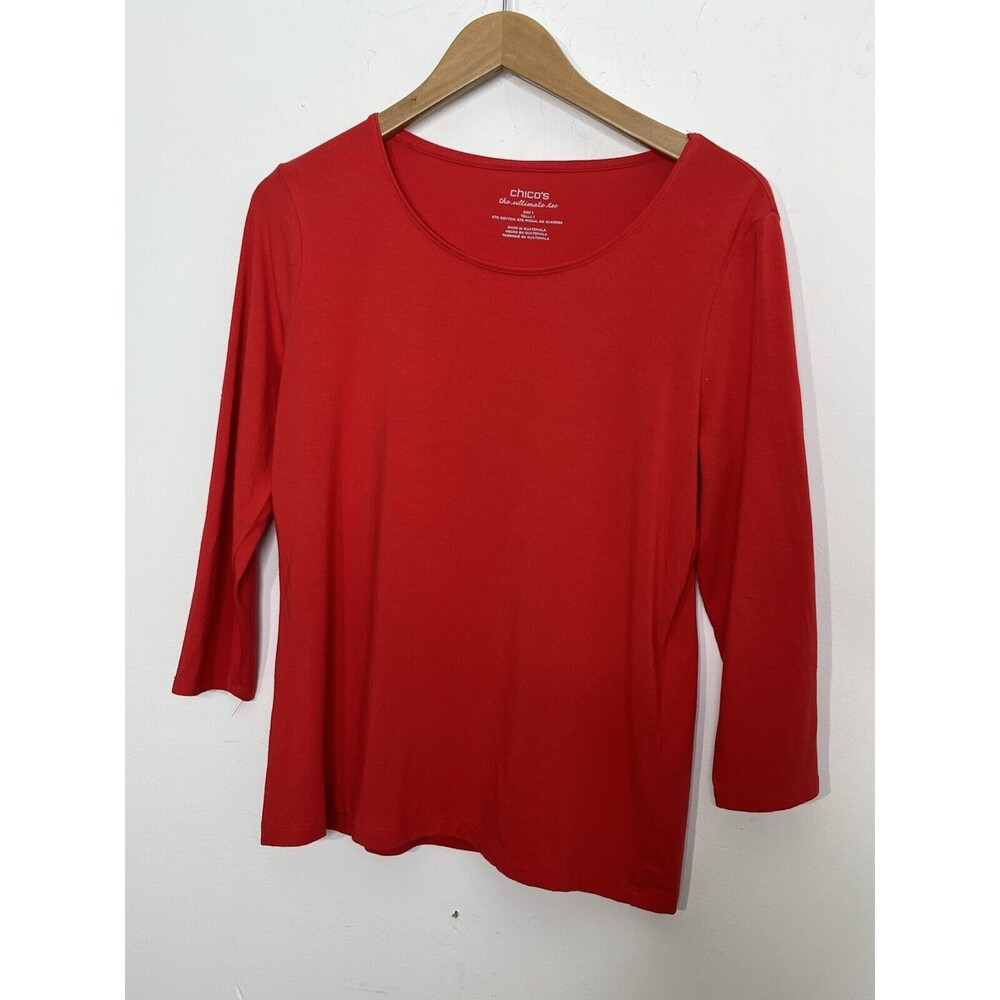 Chico's Ultimate Tee Rose Red Cotton Modal Button Sleeve sz 1 M Top Blouse (09